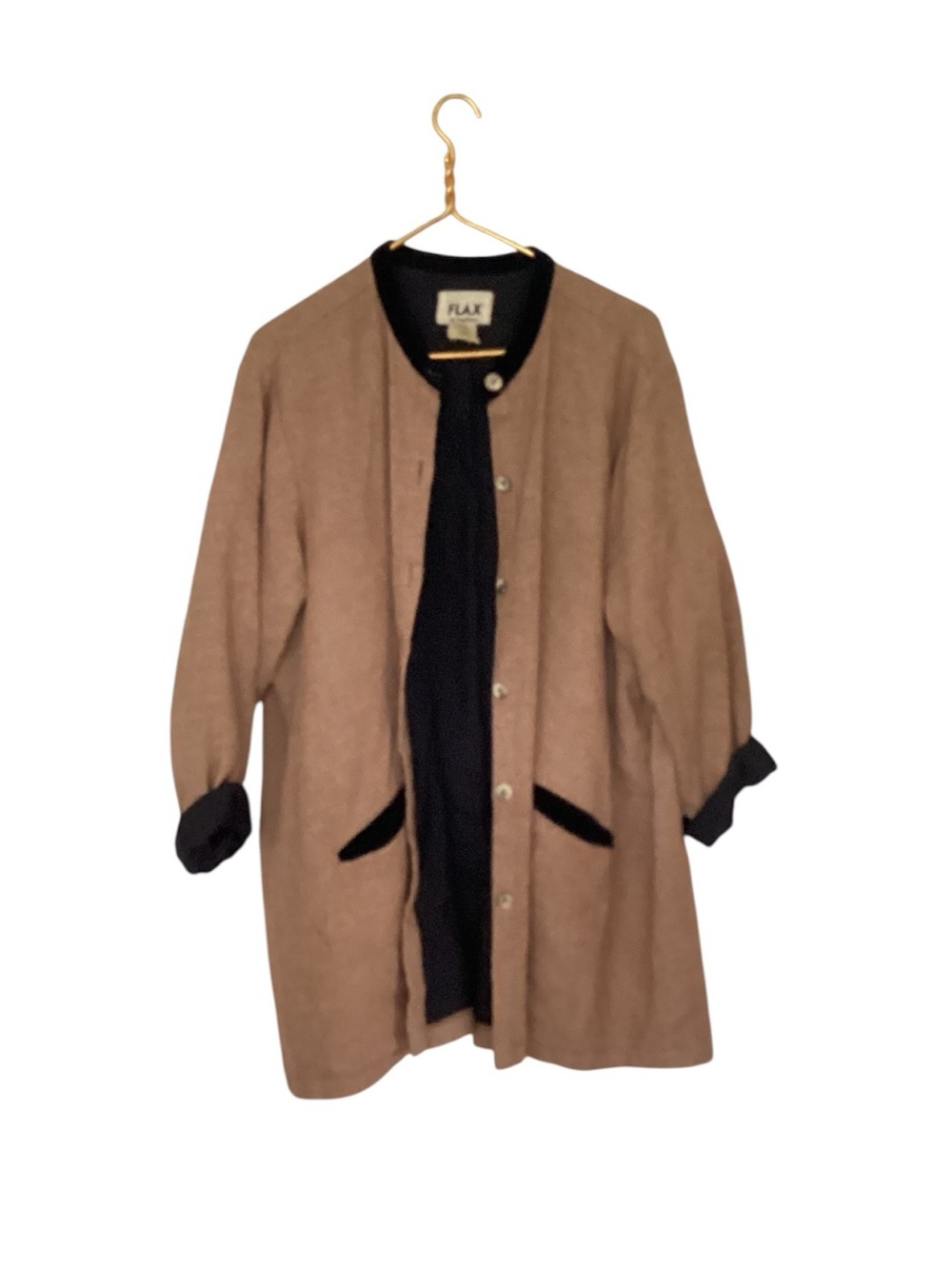 FLAX Chore Coat Brown Black Wool Button  Pockets Long Sleeve Lagenlook S